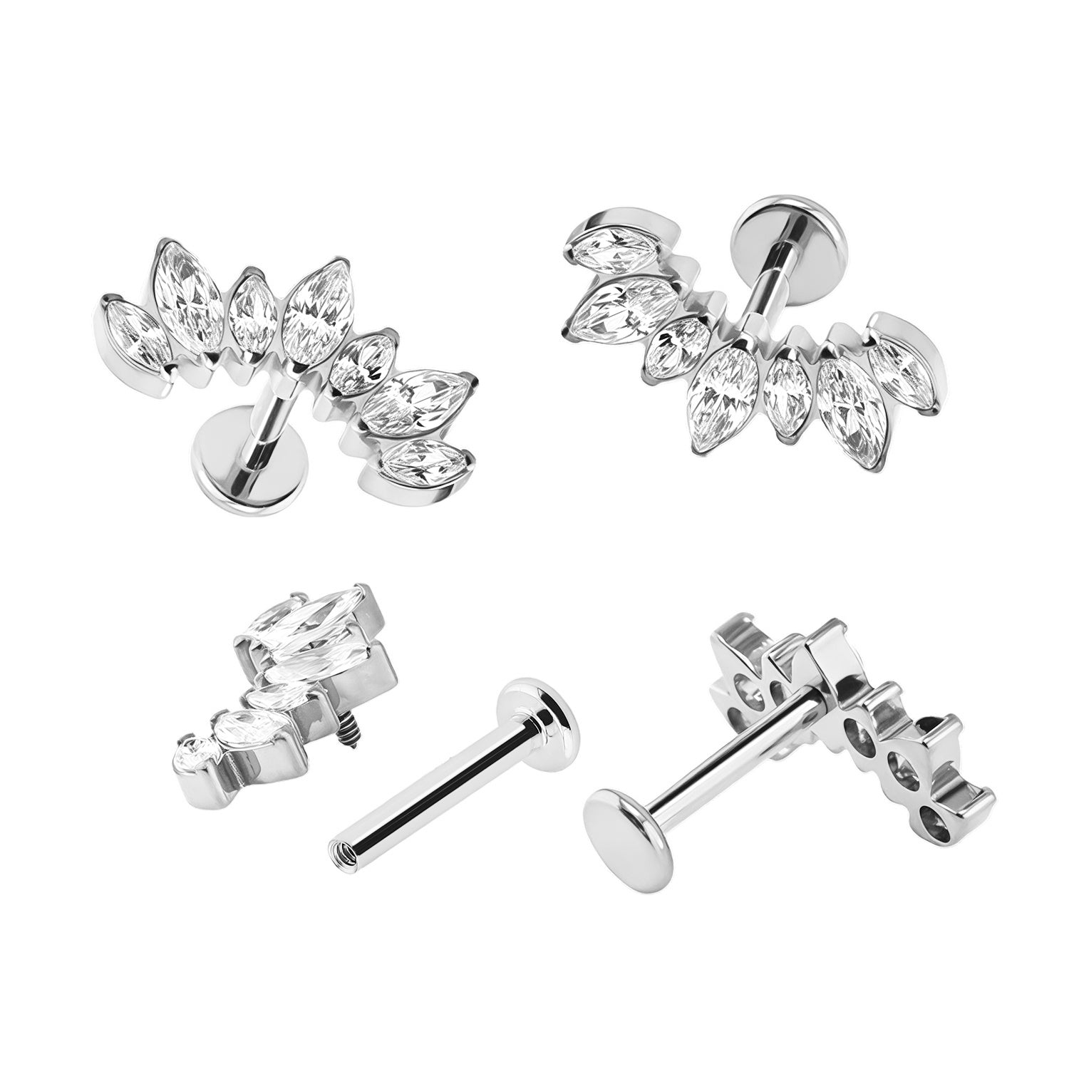 Premium Labret aus Titan G23 mit Weißgold Veredelung und Zirkonia Design - Stärke 1.2mm mit Innengewinde 0.9mm - Länge 8mm