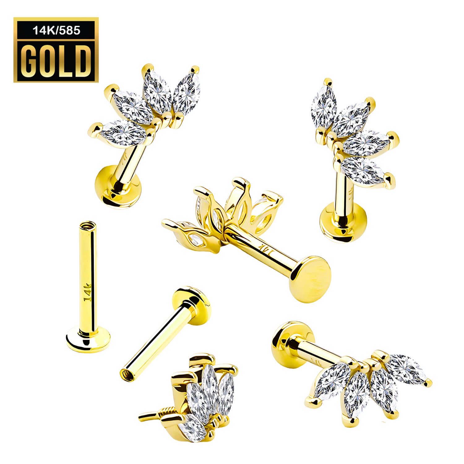 585er Echt-Gelbgold (14K) Labret mit Innengewinde und synthetischem Diamanten im Marquise Design - Länge 8mm