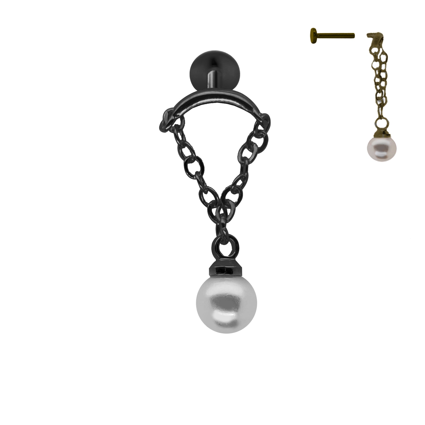Black Steel Hidden Helix/Rook Labret mit Kette und Perle - Stärke 1.2mm