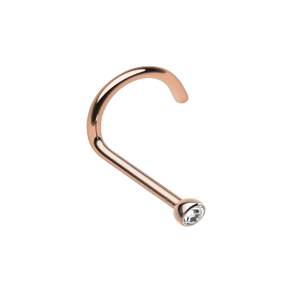 Antik Rose Gold Steel Nasenspirale mit Flat Disc Kristall - CC Kristallklar - Stärke 1.0mm Länge 6mm Kristall 3mm