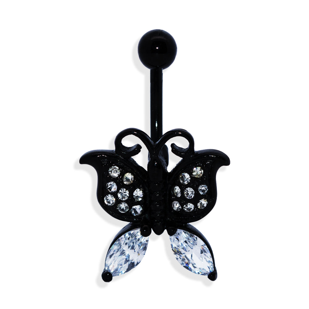 Black Steel Bauchnabel Banana im Schmetterling Design mit Kristallen - CC Kristallklar