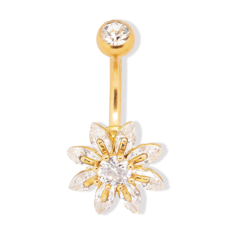 18K Gold Steel 316L Bauchnabel Banana im Blumen Design mit Kristallen - CC Kristallklar