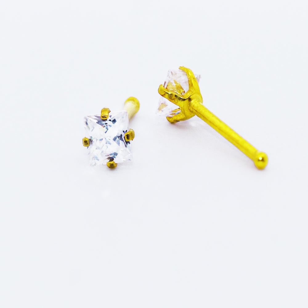 18K Gold Steel Nasenstecker mit rechteckigem Kristall in Krabbenfassung - CC Kristallklar - Stärke 0.8mm Länge 7mm