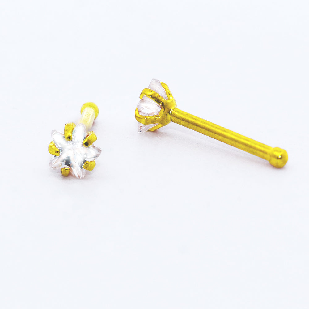 18K Gold Steel Nasenstecker mit Stern Kristall in Krabbenfassung - CC Kristallklar - Stärke 0.8mm Kristall 3mm