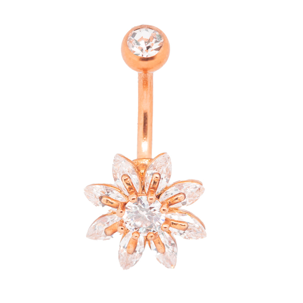 18K Rose Gold Steel Bauchnabel Banana im Blumen Design mit Kristallen - CC Kristallklar