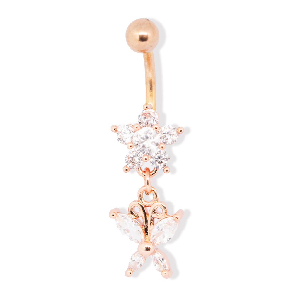 18K Rose Gold Steel Bauchnabel Banana im Fashion Design mit Kristallen - CC Kristallklar