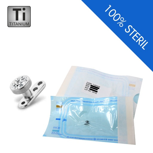 Steriler Titan G23 Dermal Anchor mit 3 Loch Base (2.5x7mm) und 4mm Disc - Internally 1.2mm mit Kristall CC-Kristallklar