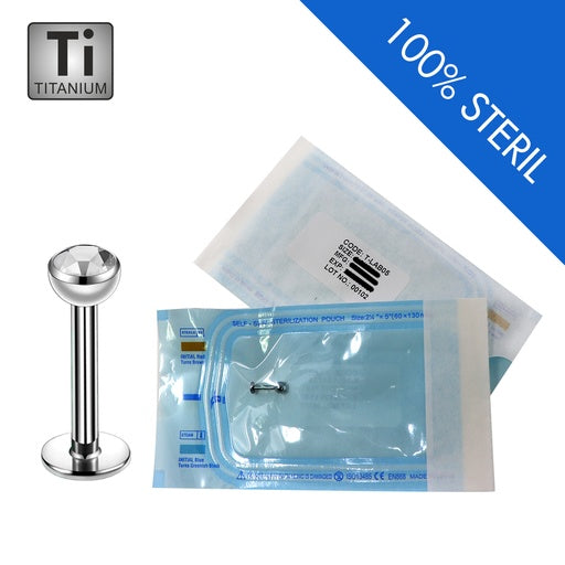 Sterile titanium labret - thickness 1.6mm with 4mm crystal ball - CC crystal clear