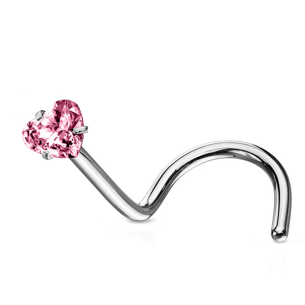 Steel 316L Nasenspirale mit Herz Kristall in Krabbenfassung - Stärke 0.8mm Länge 7mm