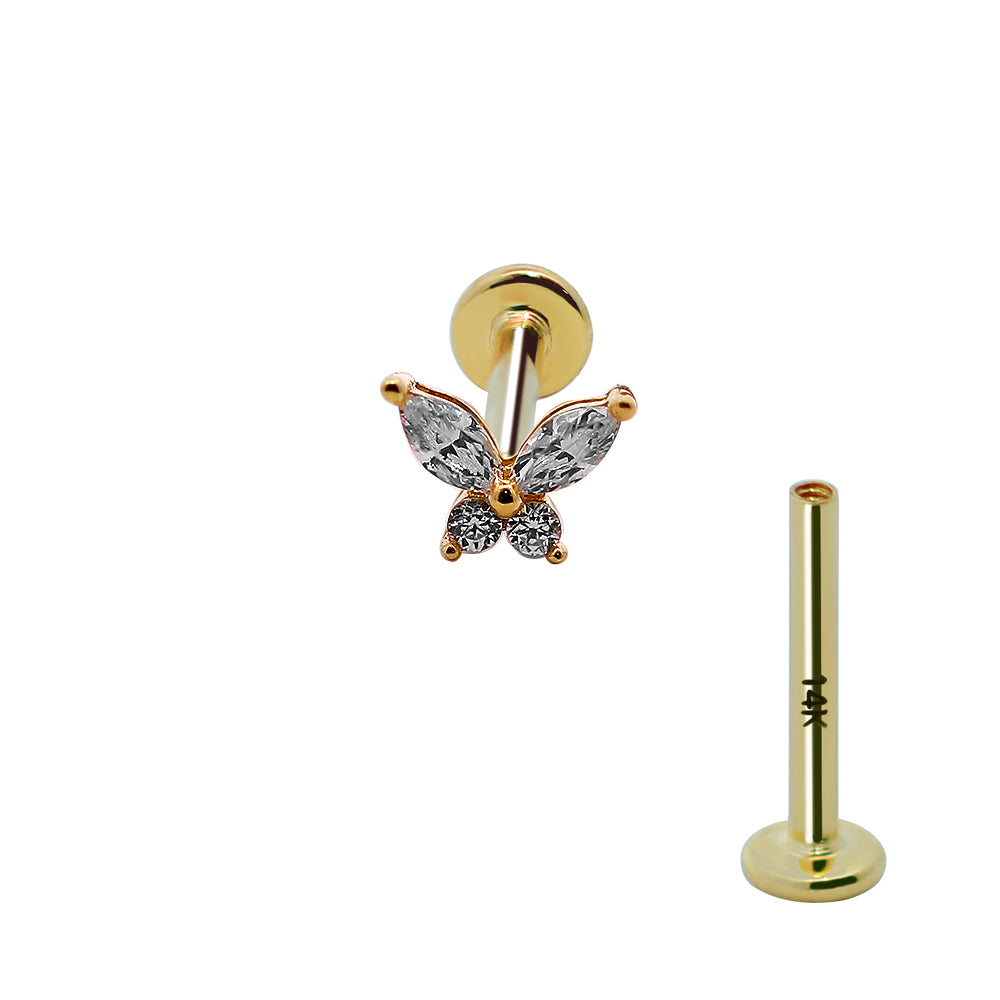 585er Echt-Gelbgold (14K) Labret mit Innengewinde und synthetischem Diamanten im Schmetterling Design - Länge 8mm