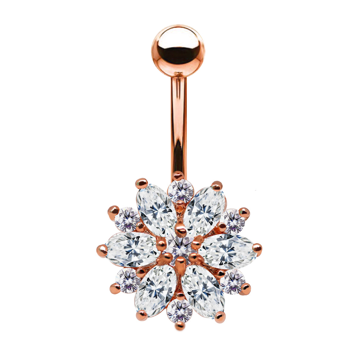 18K Rose Gold Steel Bauchnabel Banana im Schneeflocken Design mit Kristallen - CC Kristallklar