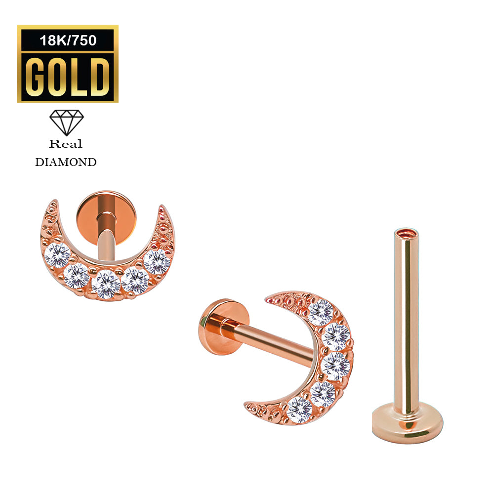 750er Echt-Rosegold (18K) Labret mit Innengewinde und Diamanten im Mond Design - Stärke 1.2mm Länge 8mm