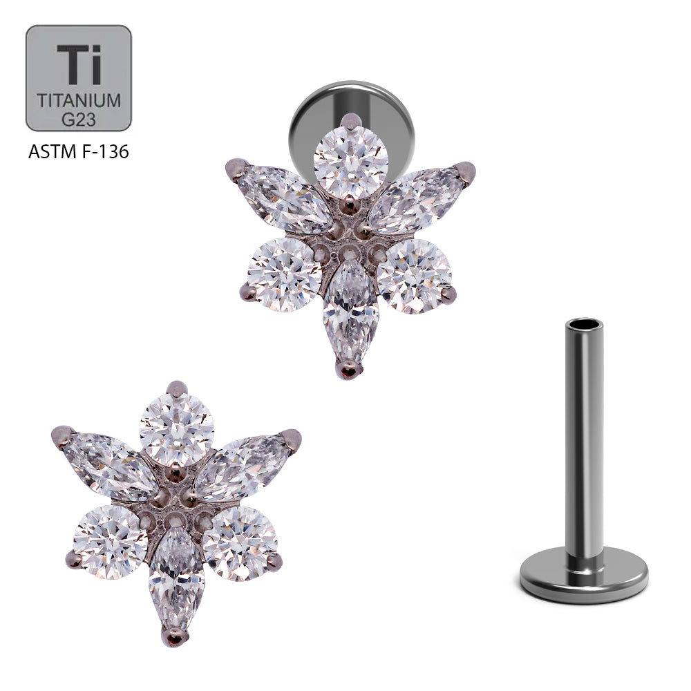 Titan G23 Labret mit Innengewinde und Marqiuse Zirconia im Blumen Design