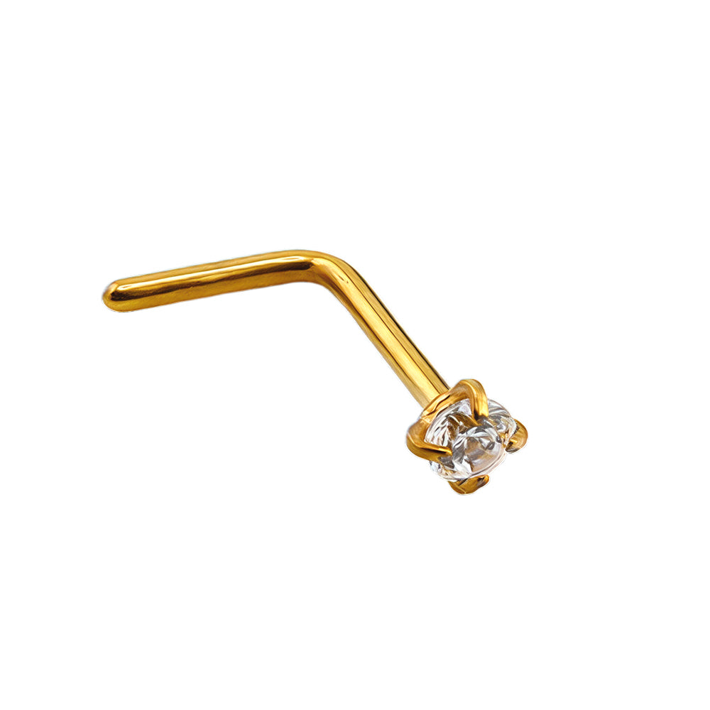 18K Gold Titan L-Form Nasenspirale mit Kristall in Krabbenfassung - Stärke 0.8mm Länge 7mm - CC Kristallklar