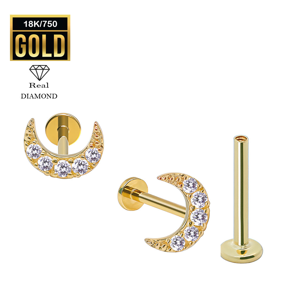 750er Echt-Gelbgold (18K) Labret mit Innengewinde und Diamanten im Mond Design - Stärke 1.2mm Länge 8mm