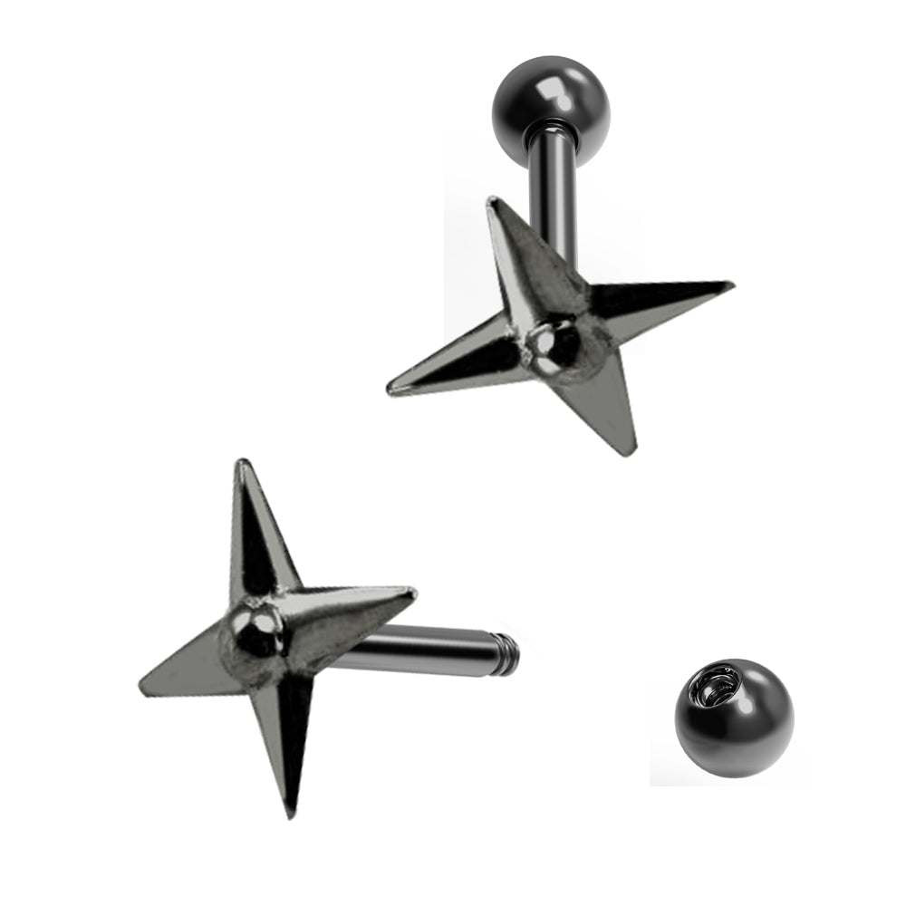 Black Steel Barbell mit Stern Design - Stärke 1.6mm Design 5mm