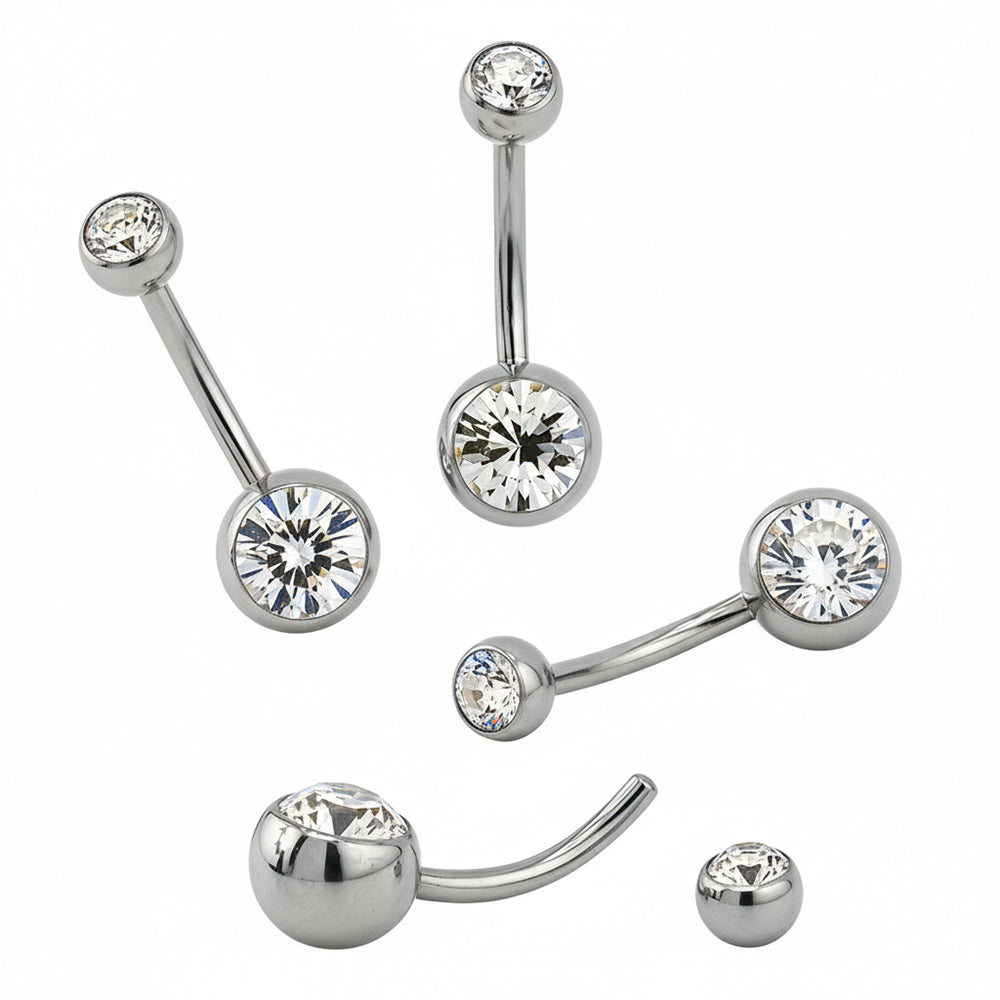 SONDERLÄNGEN Steel 316L Bauchnabel Banana mit Kugeln (5+8mm) - Double Crystal - Stärke 1.6mm