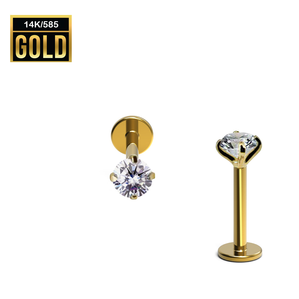 585er Echt-Gelbgold (14K) Labret mit Innengewinde und Cubic Zirkonia in Krabbenfassung - Stärke 1.0mm