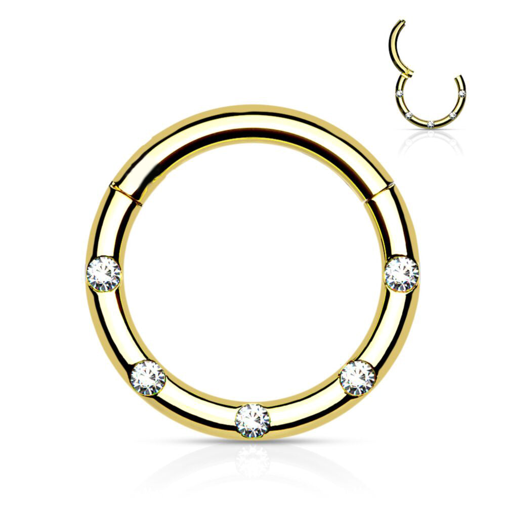 18K Gold Steel Segmentring Clicker mit 5 Kristallen - CC Kristallklar