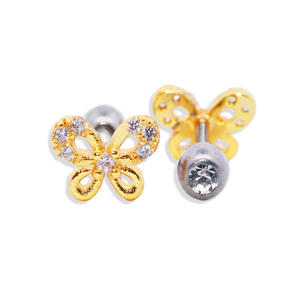 18K Gold Steel Barbell im Schmetterling Design mit Kristallen - Kristallklar