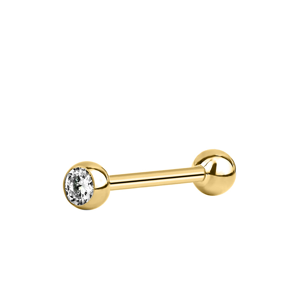 18K Gold Steel Barbell mit 3mm Kugeln - Stärke 1.2mm Länge 10mm/ Single Crystal