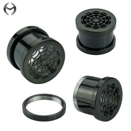 Black Steel Flesh Tunnel in spider web design - mirror polished