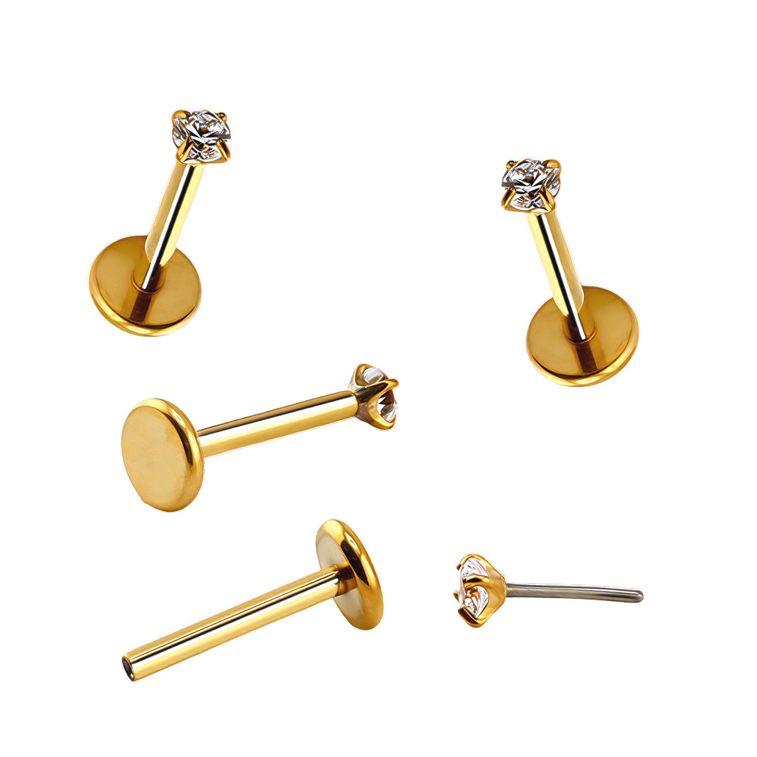 Premium Push-in Labret aus Titan G23 mit Gelbgold Veredelung und 2mm Zirkonia Top in Krabbenfassung - Stärke 1.0mm Länge 8mm