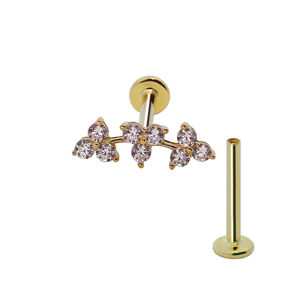 585er Echt-Gelbgold (14K) Labret mit Innengewinde und synthetischem Diamanten im Blatt Design - Länge 8mm