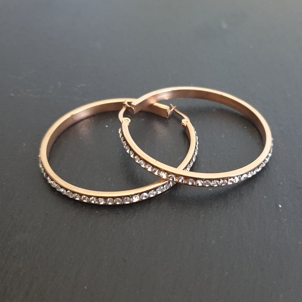 18k Rose Gold S. Steel Creolen mit Kristallen - 45mm x 3.5mm/ CC Kristallklar