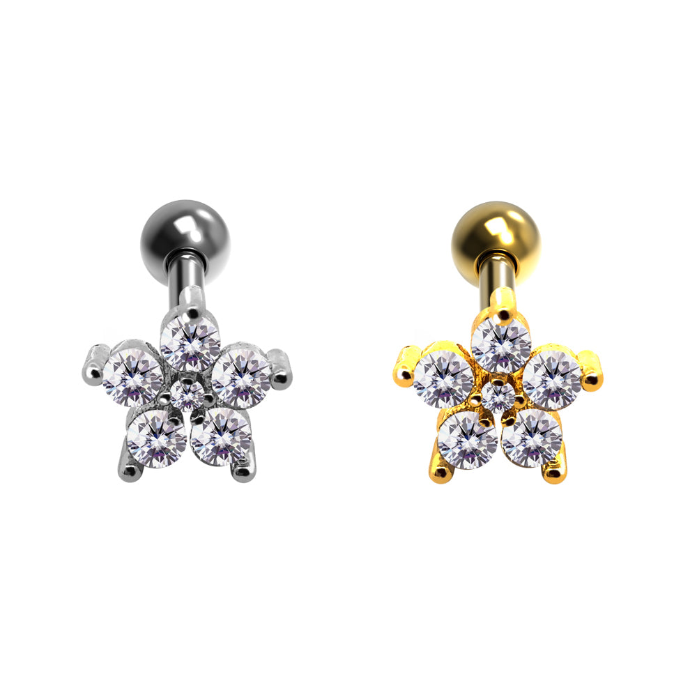 Steel 316L Barbell im Blumen Design mit Kristallen - Kristallklar