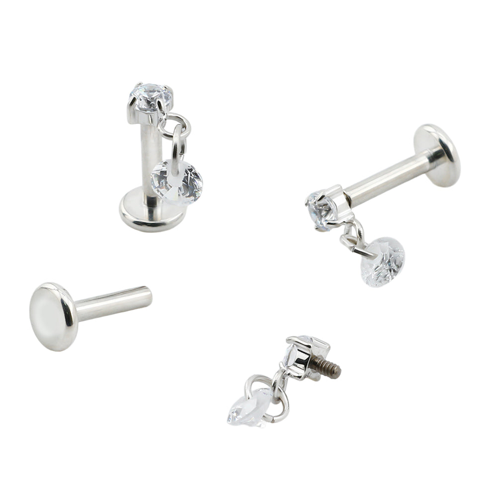 Premium Labret aus Titan G23 mit Weißgold Veredelung und Zirkonia Design - Stärke 1.2mm mit Innengewinde 0.9mm