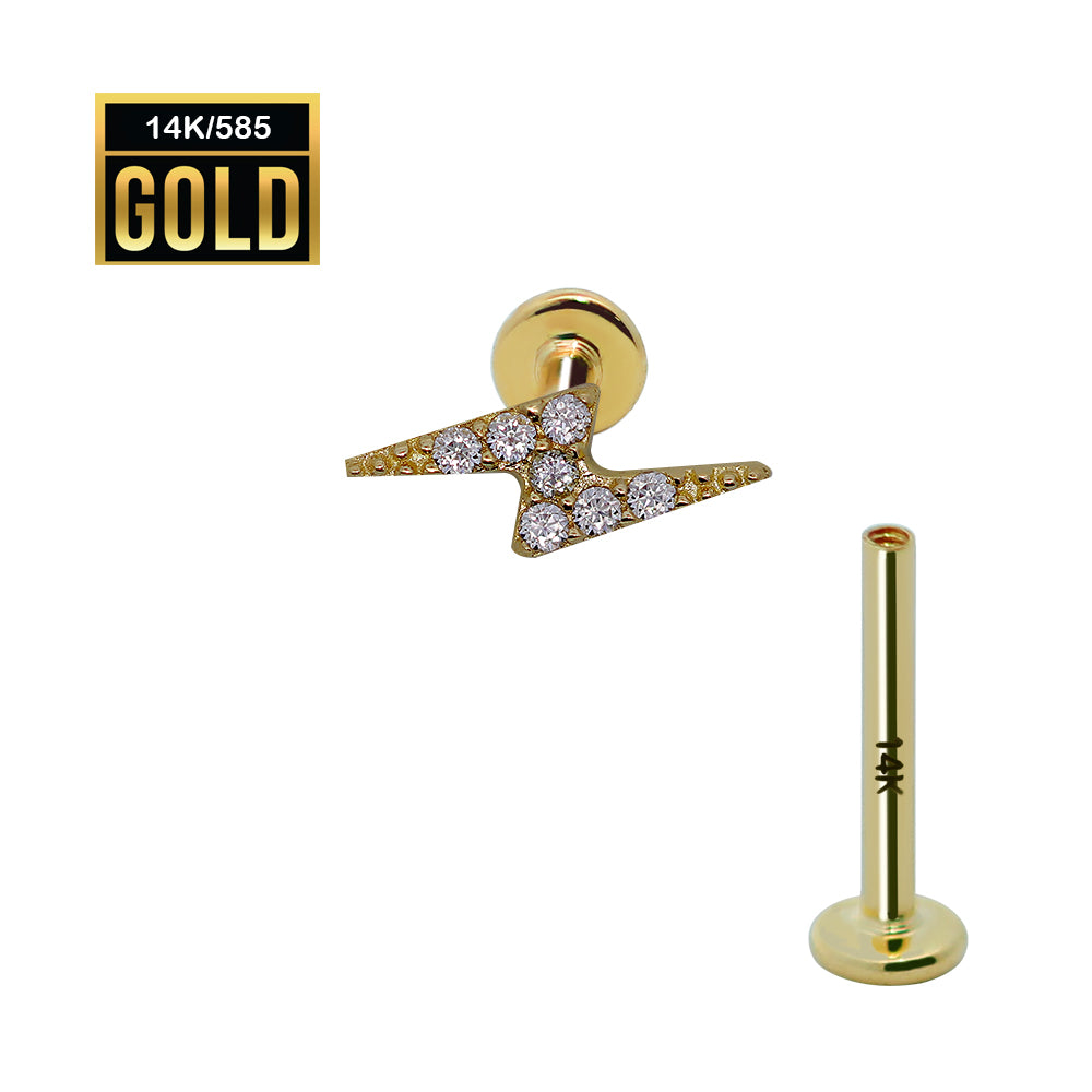 585er Echt-Gelbgold (14K) Labret mit Innengewinde und synthetischem Diamanten im Blitz Design - Länge 8mm