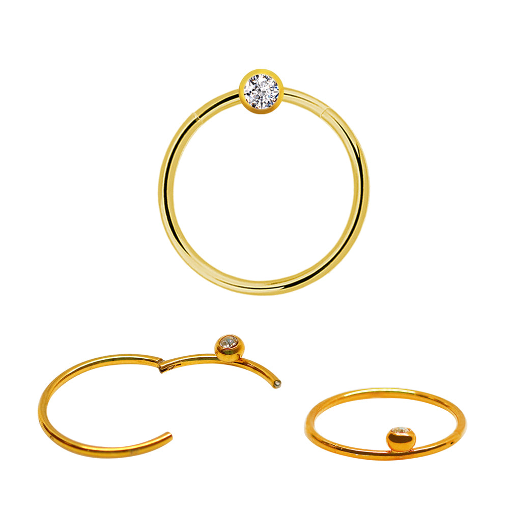 18K Gold Steel Segmentring Clicker mit 4mm Kristallkugel