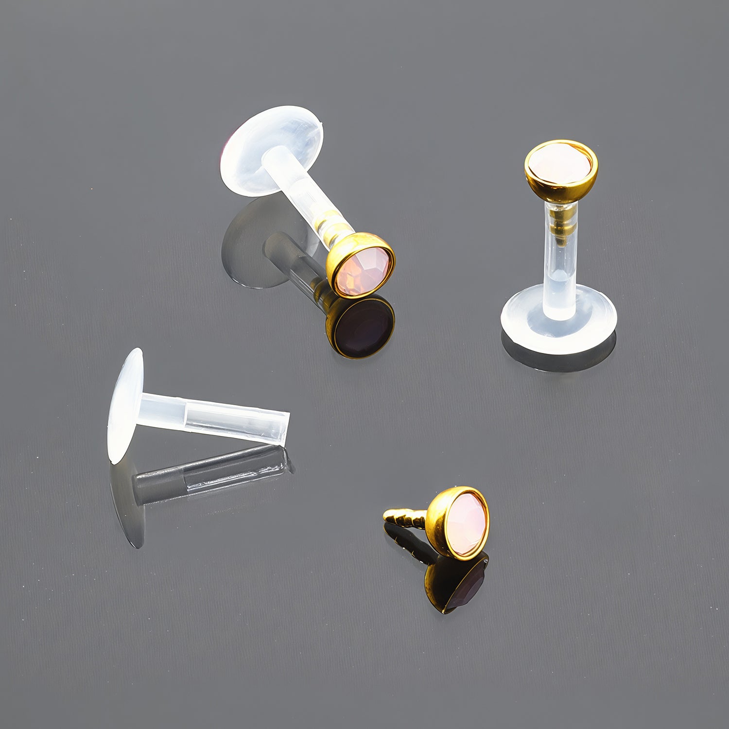 Push-In Bioflex Labret mit Gold Steel Top und 3mm Opal Kristall in Light Rose - Stärke 1.2mm