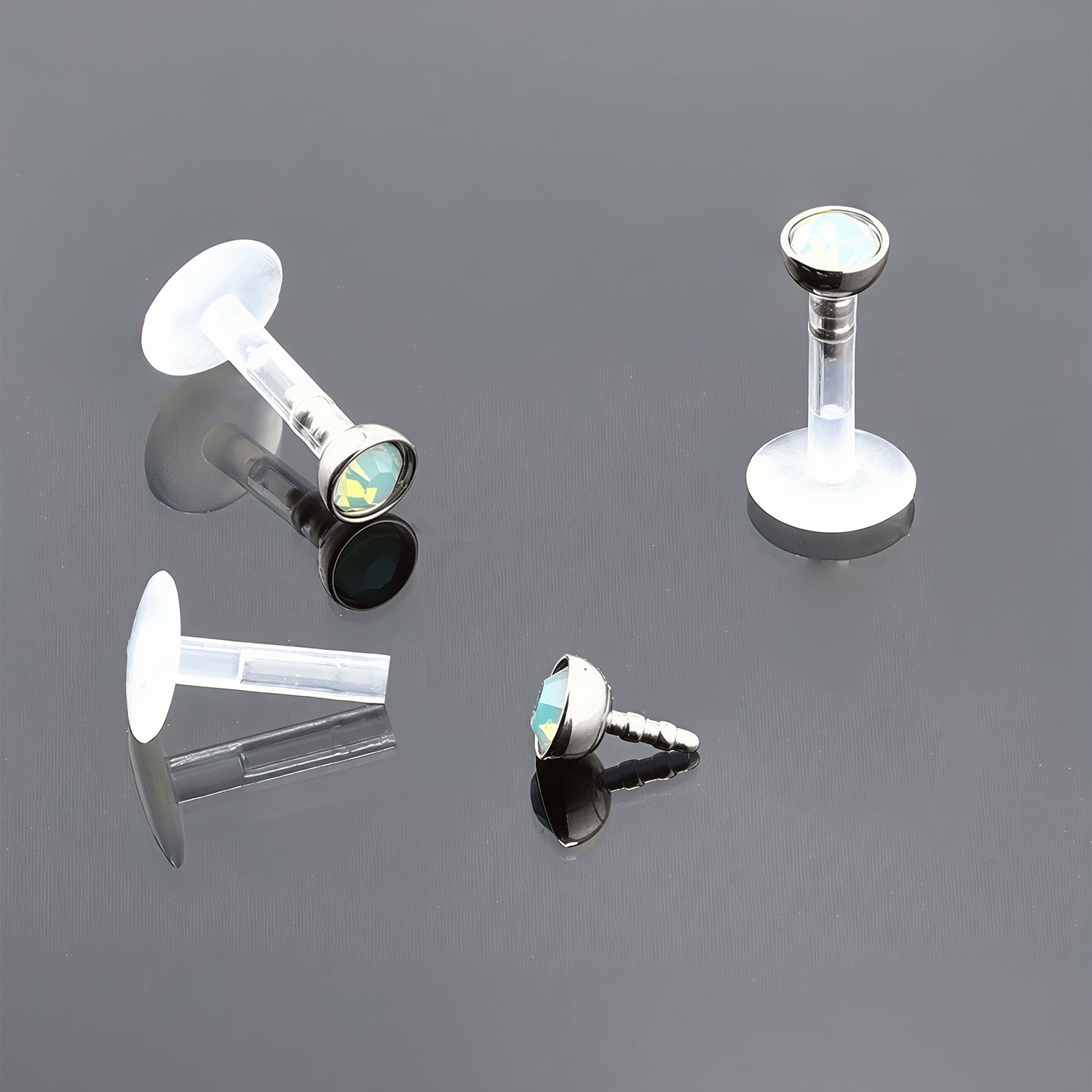 Push-In Bioflex Labret mit Steel Top und 3mm Opal Kristall in Emerld - Stärke 1.2mm
