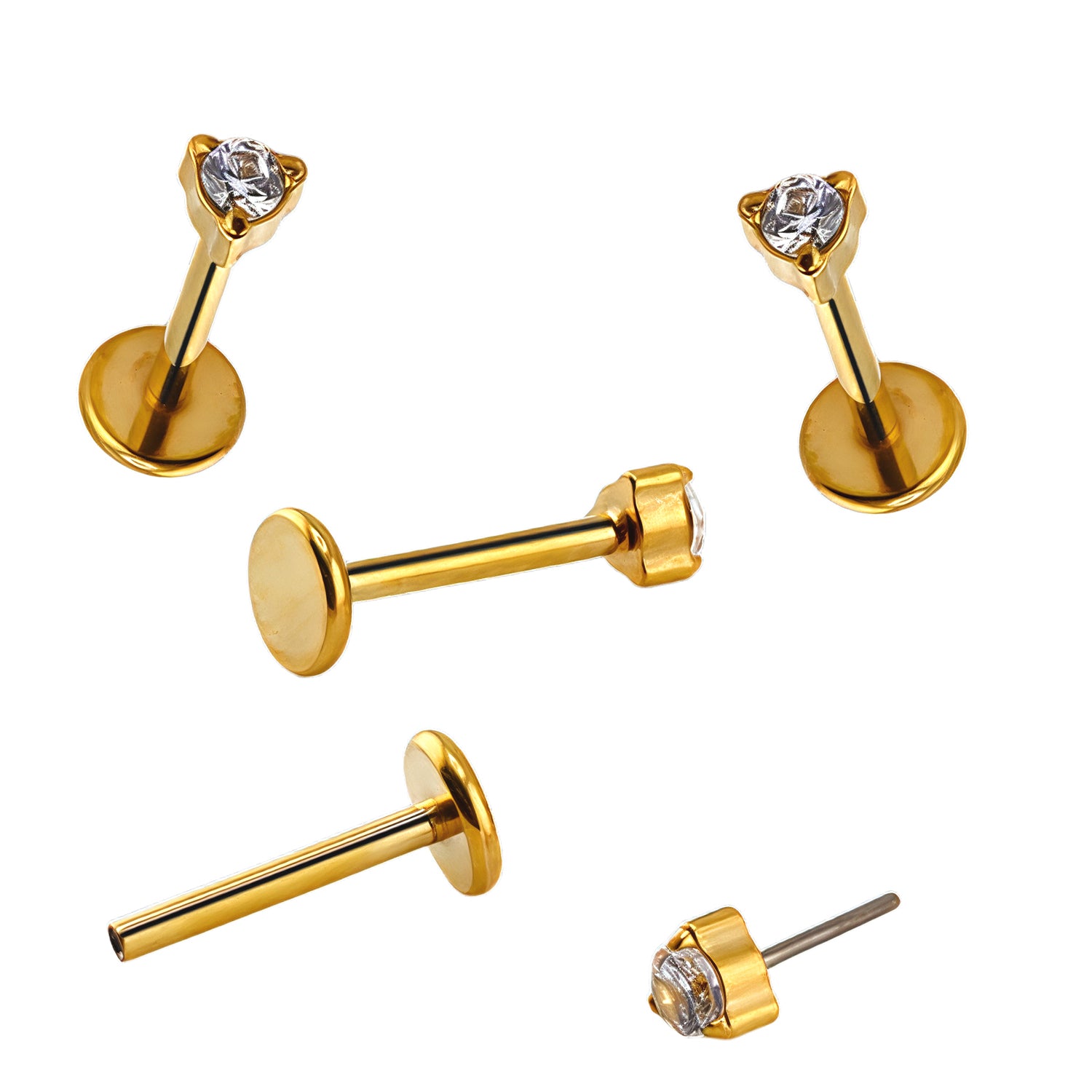 Premium Push-in Labret aus Titan G23 mit Gelbgold Veredelung und 2.5mm Zirkonia Top in Krabbenfassung - Stärke 1.0mm Länge 8mm