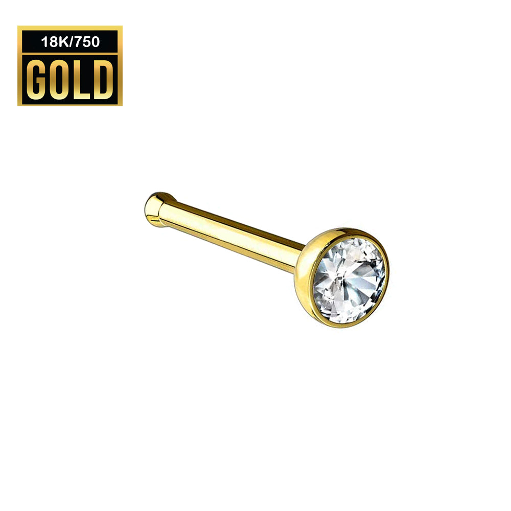 750er Echt-Gelbgold (18K) Nasenstecker mit 2.5mm Zirconia Kristall - Stärke 0.6mm Länge 9mm