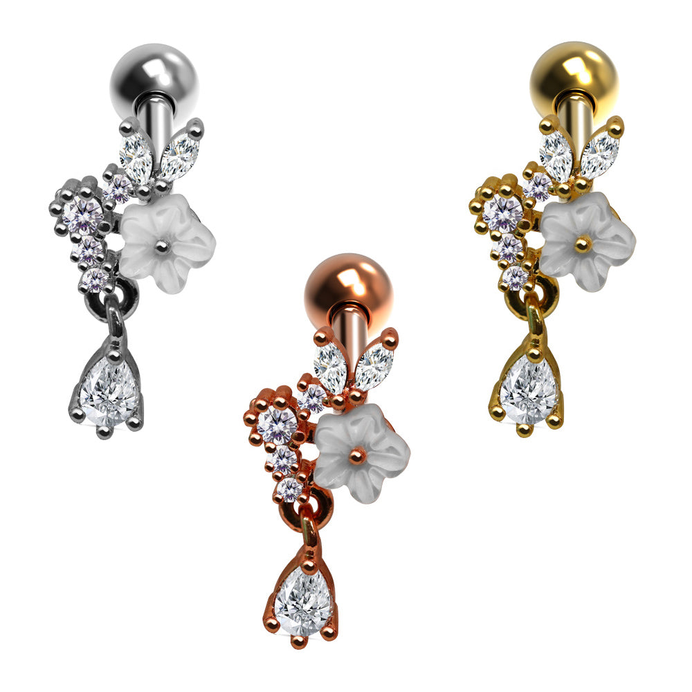 Steel 316L Barbell im Blumen Design mit Kristallen - Kristallklar