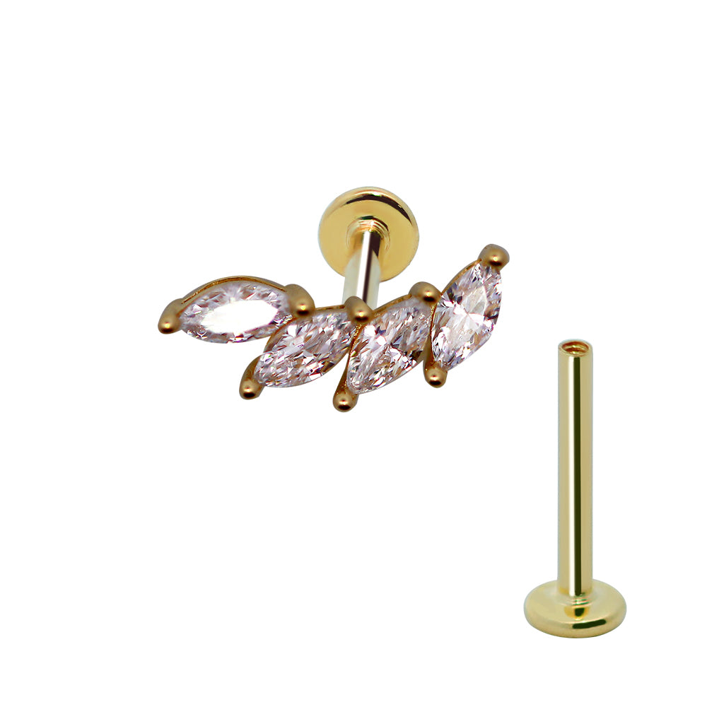 585er Echt-Gelbgold (14K) Labret mit Innengewinde und synthetischem Diamanten im Marquise Design - Länge 8mm
