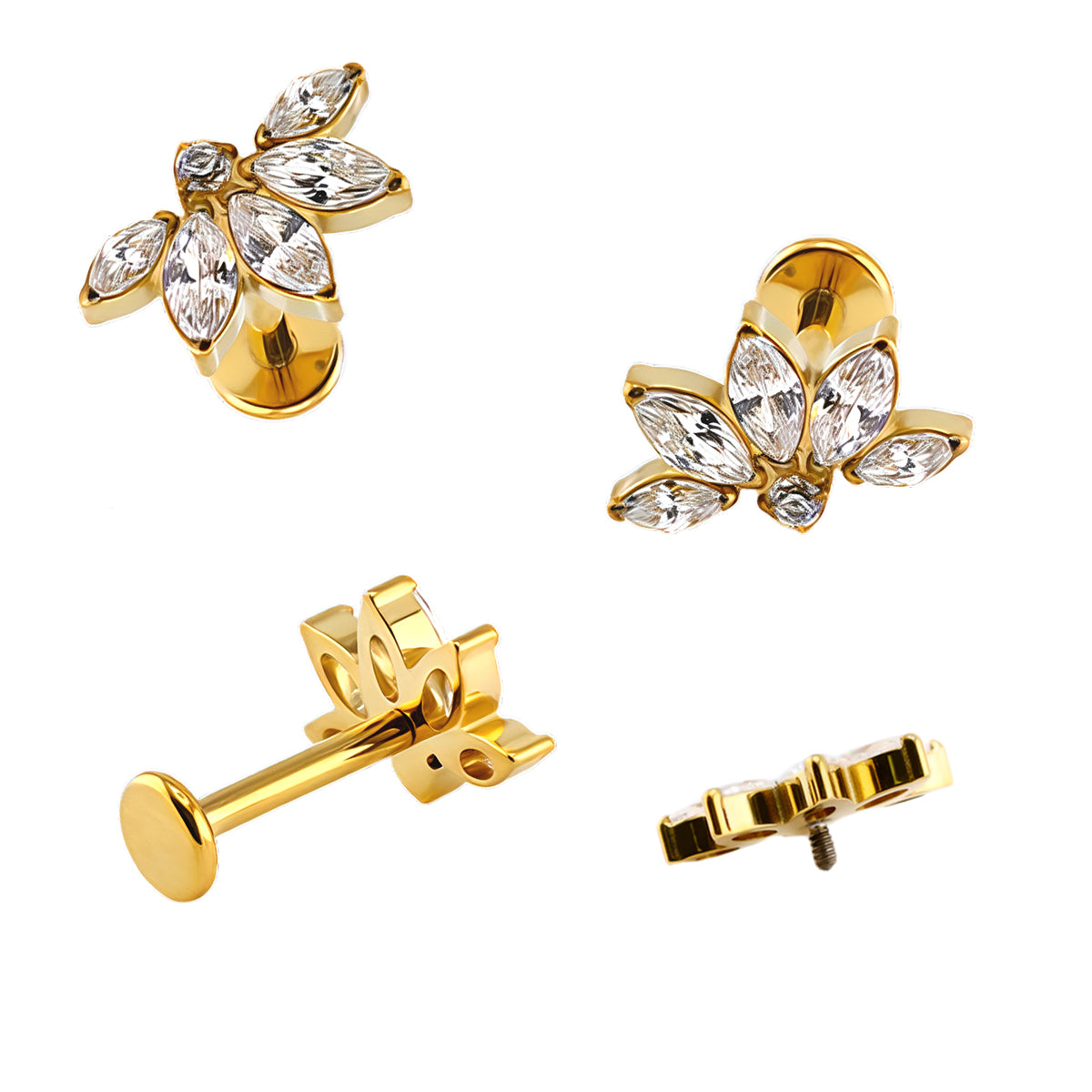 Premium Labret aus Titan G23 mit Gelbgold Veredelung und Zirkonia Design - Stärke 1.2mm mit Innengewinde 0.9mm - Länge 8mm