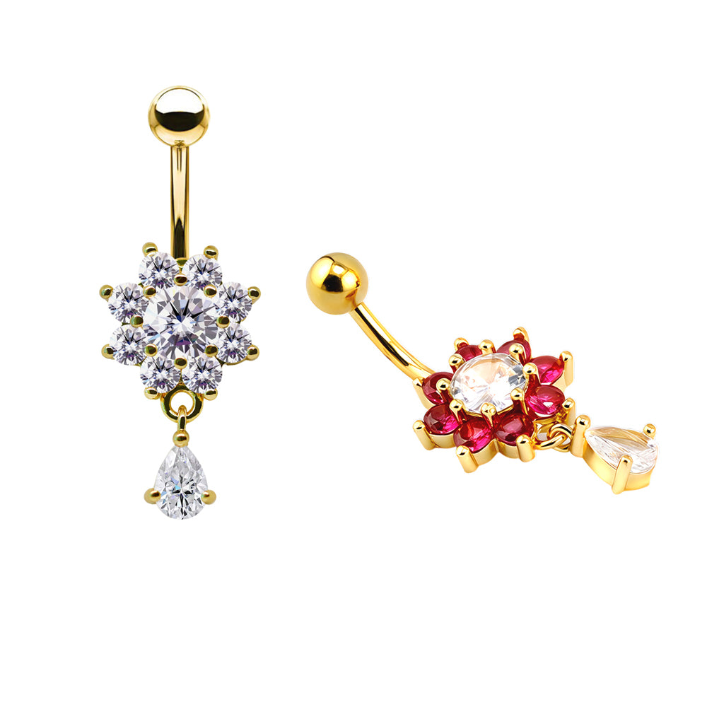 18K Gold Steel Bauchnabel Banana im Blumen Design mit Kristallen
