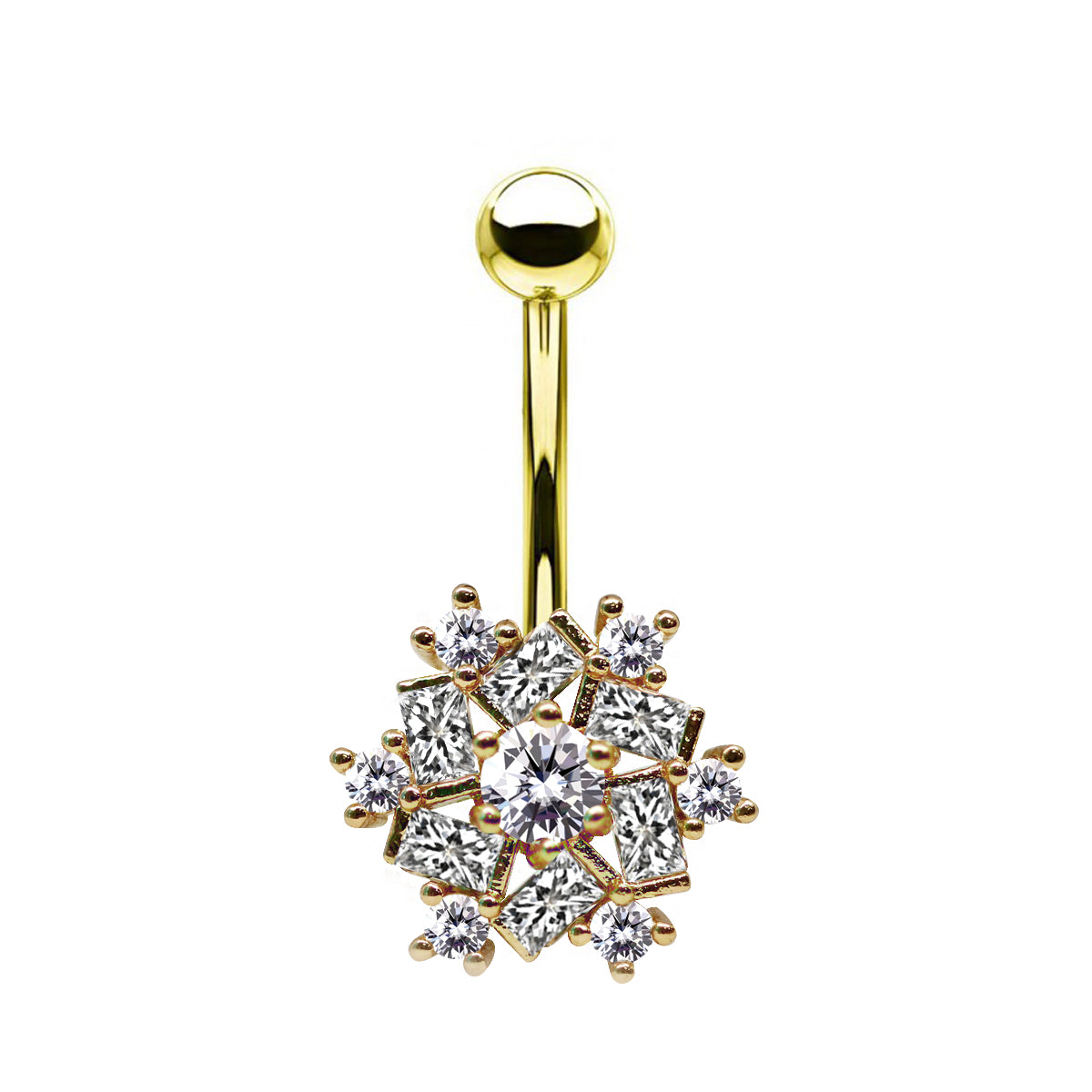 18K Gold Steel Bauchnabel Banana im Schneeflocken Design mit Kristallen - CC Kristallklar