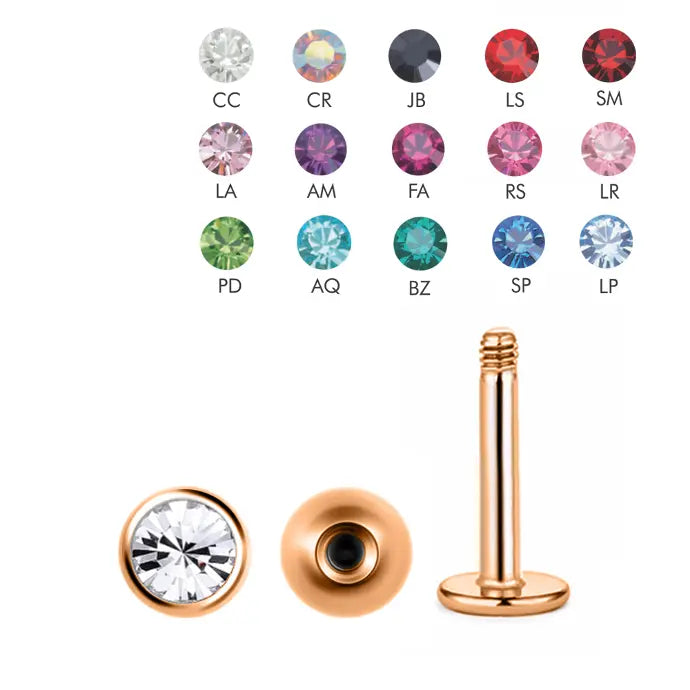 18K Rose Gold Steel Labret mit Kristall Kugel (3mm) - Stärke 1.2mm