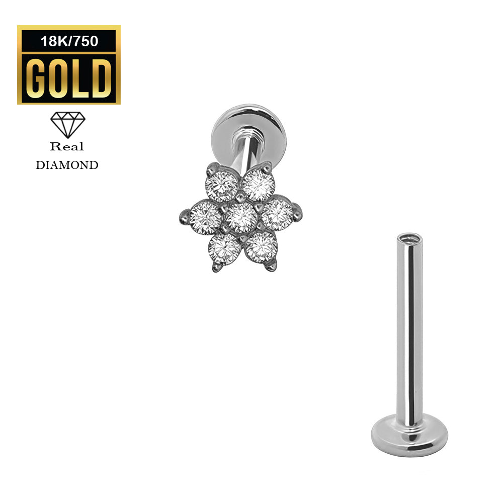 750er Echt-Weißgold (18K) Labret mit Innengewinde und Diamanten im Blumen Design - Stärke 1.2mm Länge 8mm