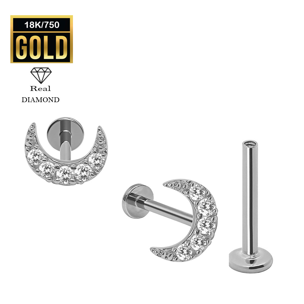 750er Echt-Weißgold (18K) Labret mit Innengewinde und Diamanten im Mond Design - Stärke 1.2mm Länge 8mm