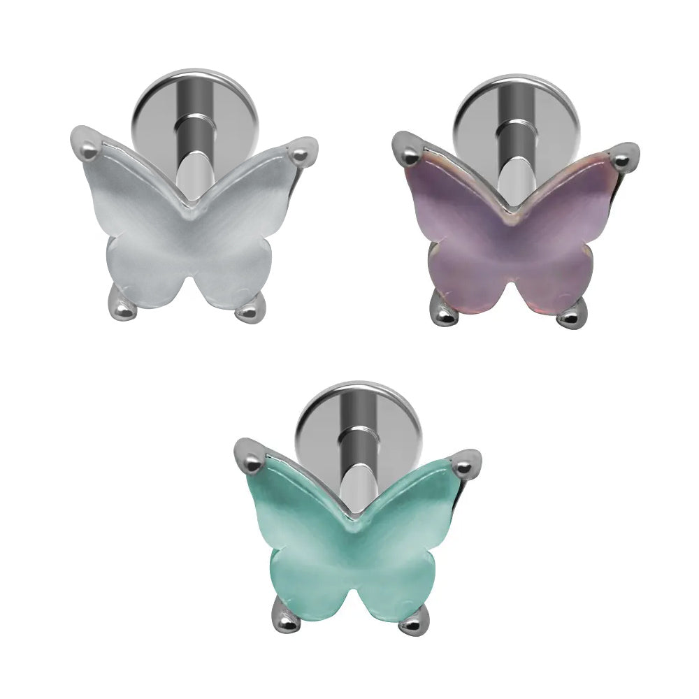 Steel 316L Labret mit Opal im Schmetterlings Design - Stärke 1.2mm Länge 8mm