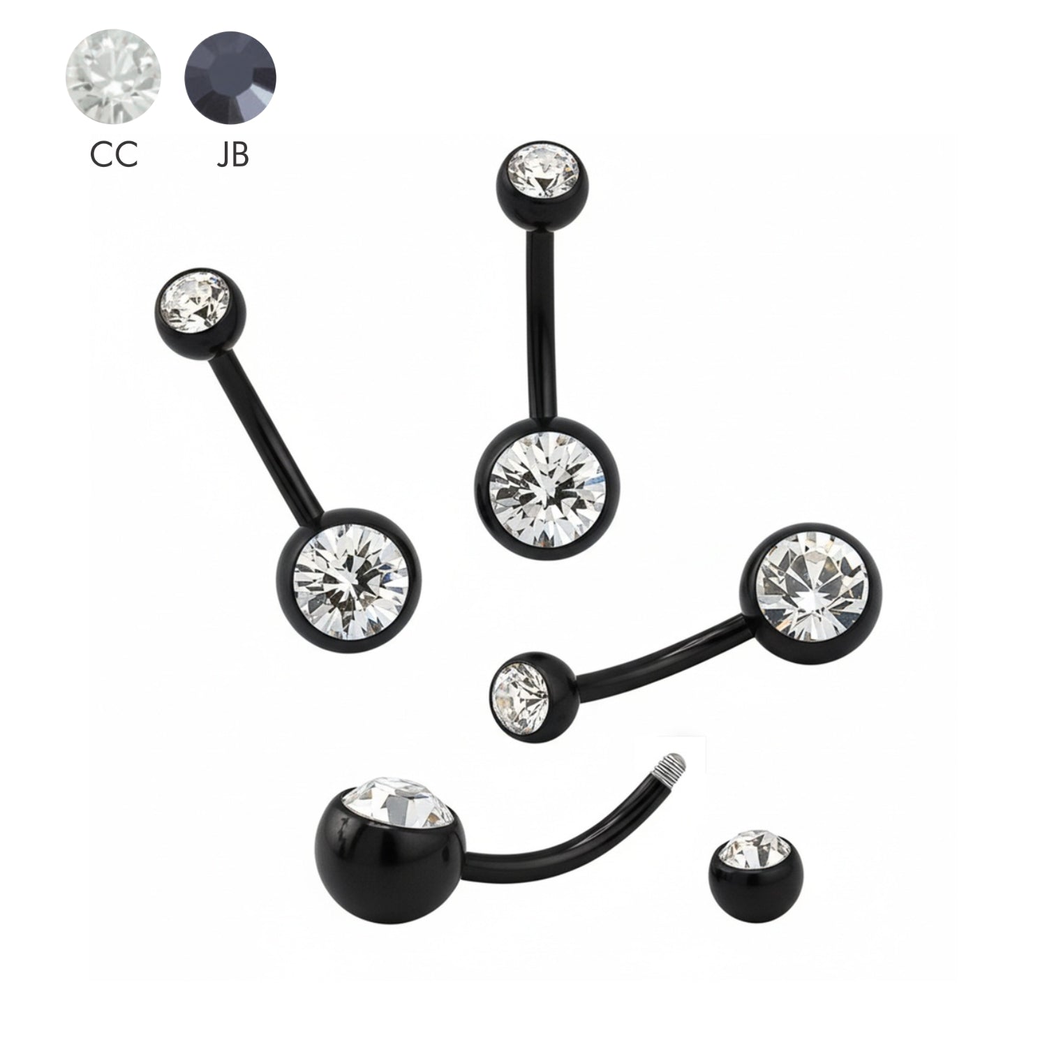 SONDERLÄNGEN Black Steel Bauchnabel Banana - Stärke 1.6mm mit 5+8mm Kugeln - Double Crystal