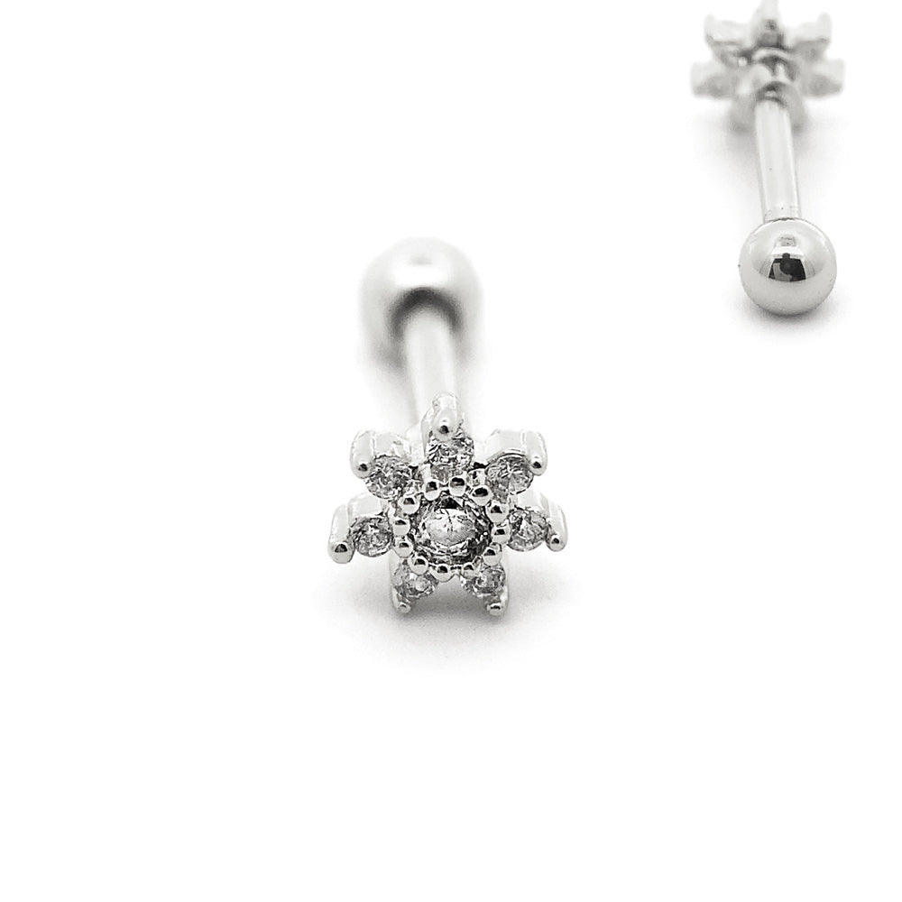 Steel 316L Barbell in Flower Design with Crystals - CC Crystal Clear