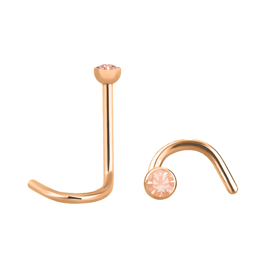 18K Rose Gold Steel Nasenspirale mit Kristall - LH Light Peach - Stärke 0.8mm Länge 7mm Kristall 1.5mm