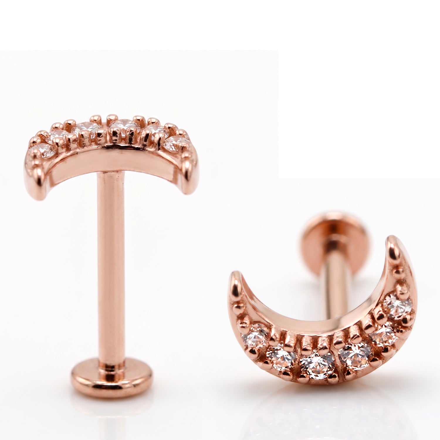 18K Rose Gold Steel Labret mit Zirkonia im Mond Design mit Innengewinde - Stärke 1.2mm